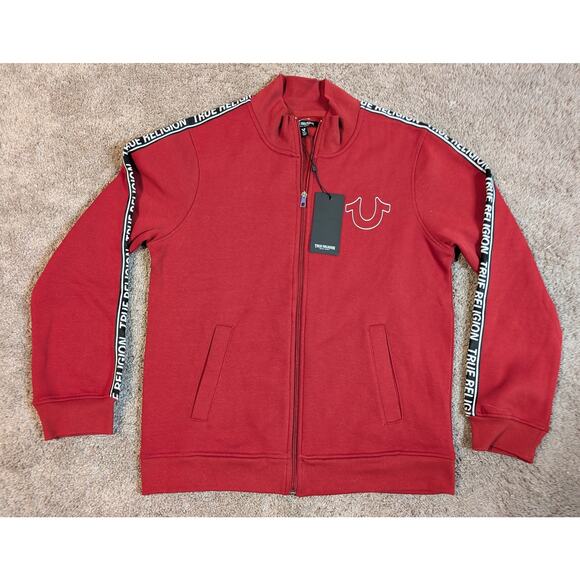 True Religion 3 Side Print Logo Trim Track Jacket Red Full Zip Horseshoe  Small - Picture 9 of 14